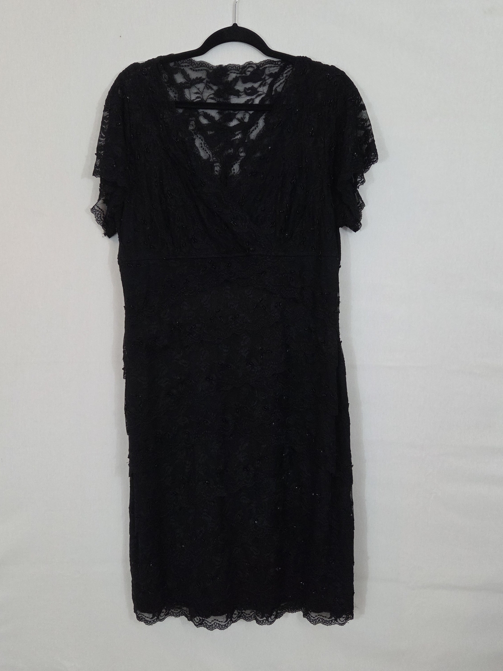 MARINA Black Lace V-Neck Cocktail Dress with Short Flutter Sleeves